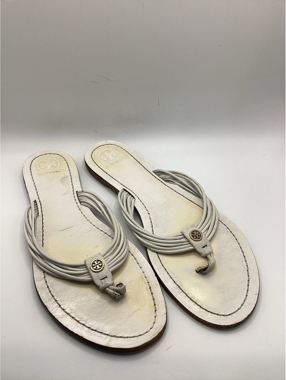 Tory Burch Women’s White Leather Thong Sandals Logo Accent Slip On 9